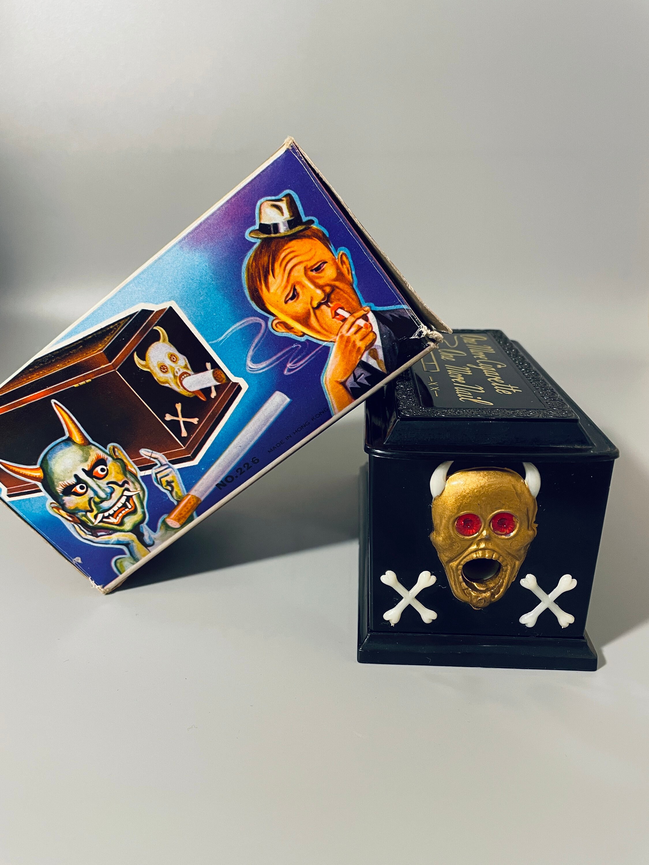 casket cigarette dispenser Vintage Cigarette Dispenser Coffin, Novelty Coffin Skull Cigarette Dispenser,  One More Cigarette One More Nail, Hong Kong