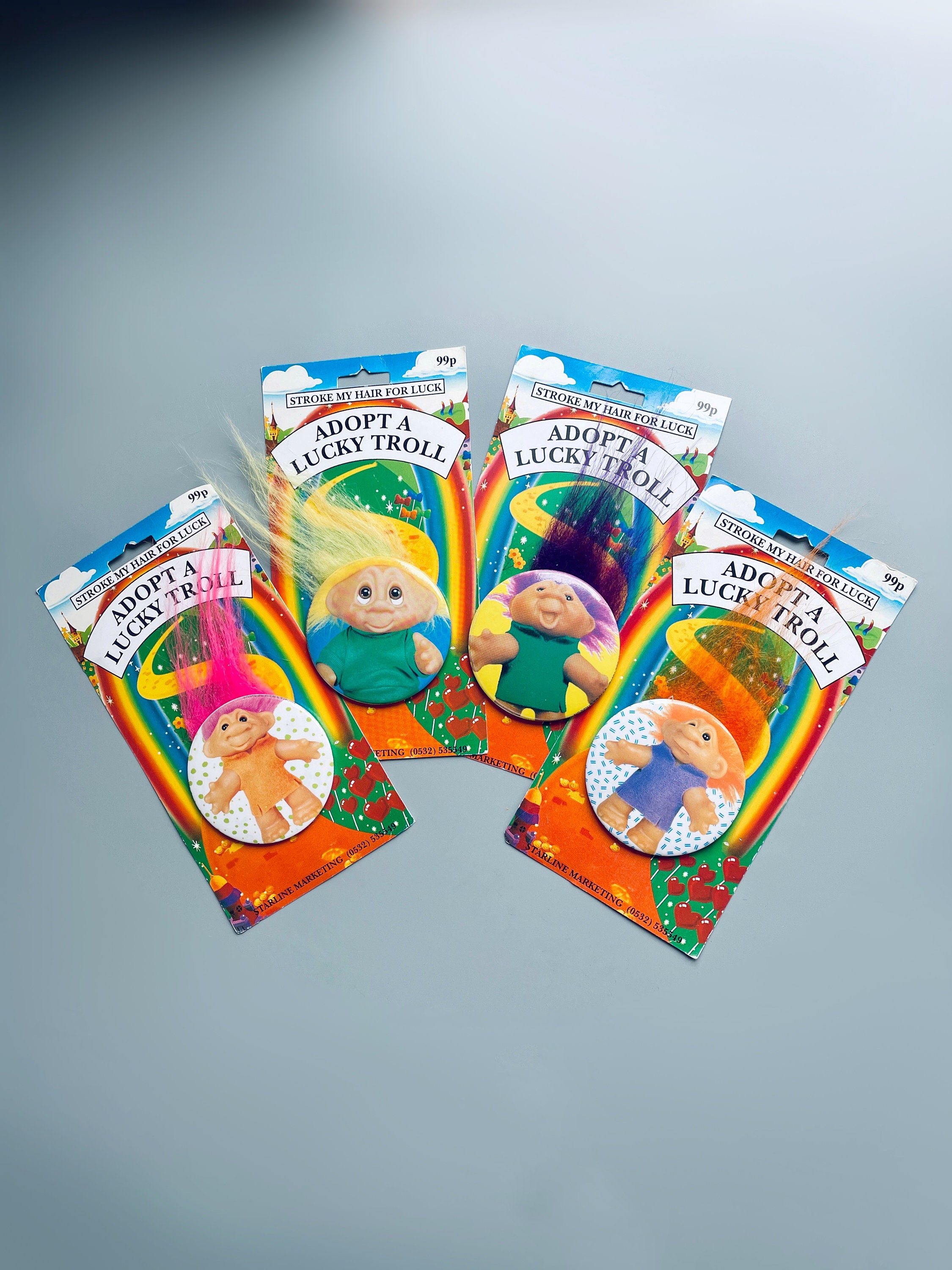 90'S Troll Badge With Hair, CHOOSE YOUR OWN, Adopt A Lucky Troll Starline Badge On Original Card, 90's Fun Retro Button Badges Dam Trolls
