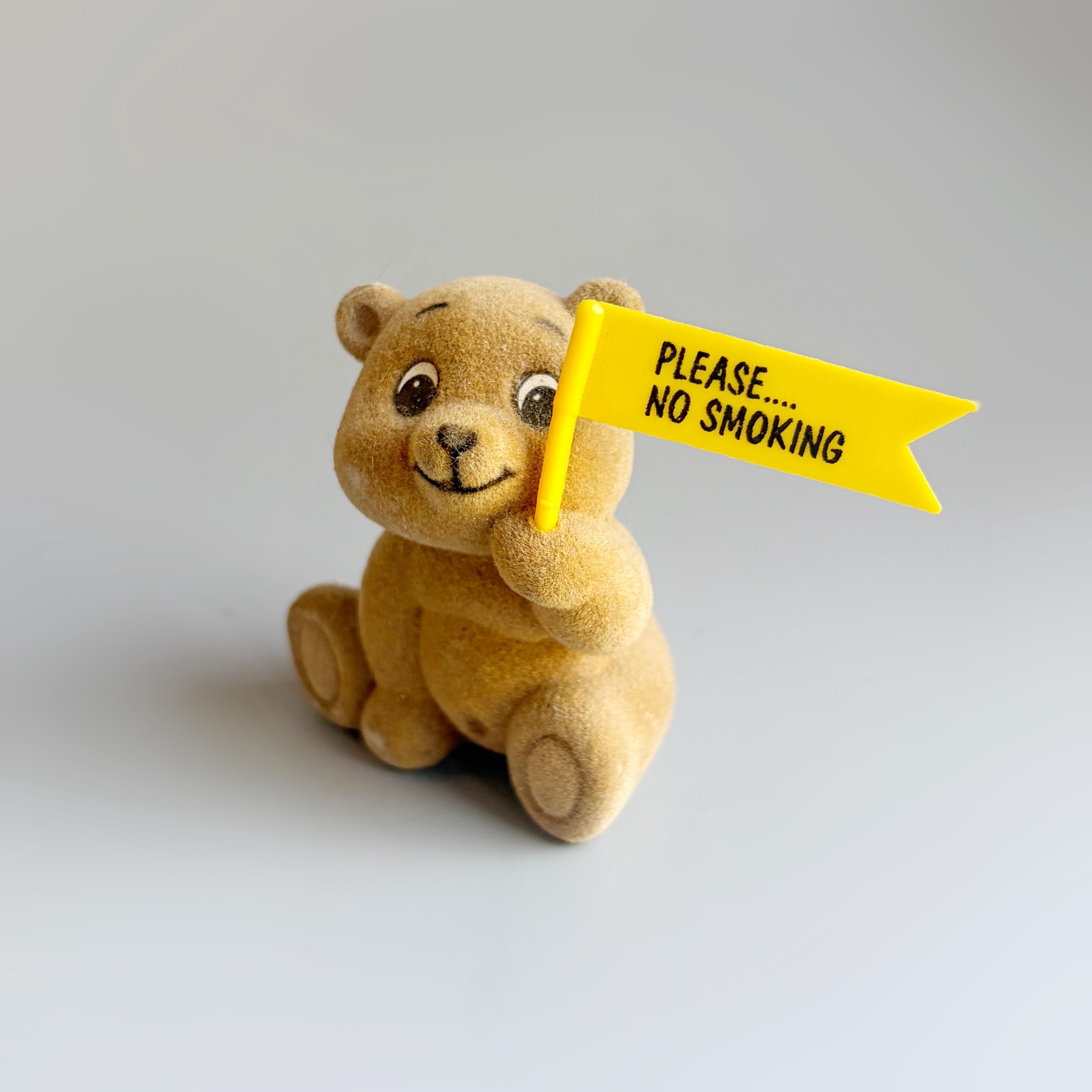 Vintage Russ Berrie Flocked Bear Mini Figure, No Smoking Sign
