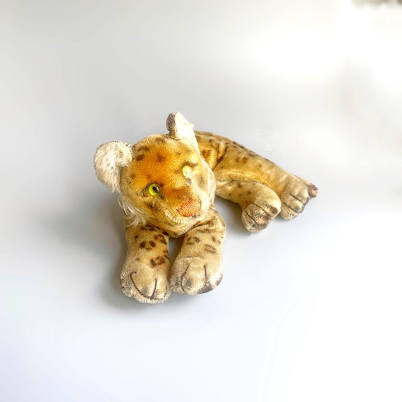 Steiff Leopard Mohair Plush, 1950's Steiff Laying Leopard Green