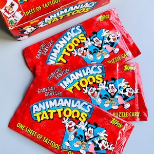 Tatouages temporaires animaniac des années 90, tatouages vintage originaux d'Animaniac Pinky and the Brain scellés neuf vieux stock, sacs aveugles dessins animés amusants des années 90