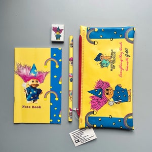 Russ Troll Stationary Set, 1992 Magical World Of Trolls Collectible Troll Merchandise, Troll Pencil Case, Note Book, Eraser & Pencil