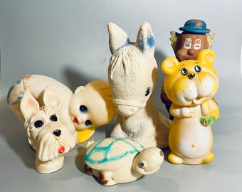 Vintage Squeak Toys, Low Grade Cute Cheap Old Squeaky Toys, Rosebud Donkey, Japanese Clown With Moving Hat Choose Your Toy