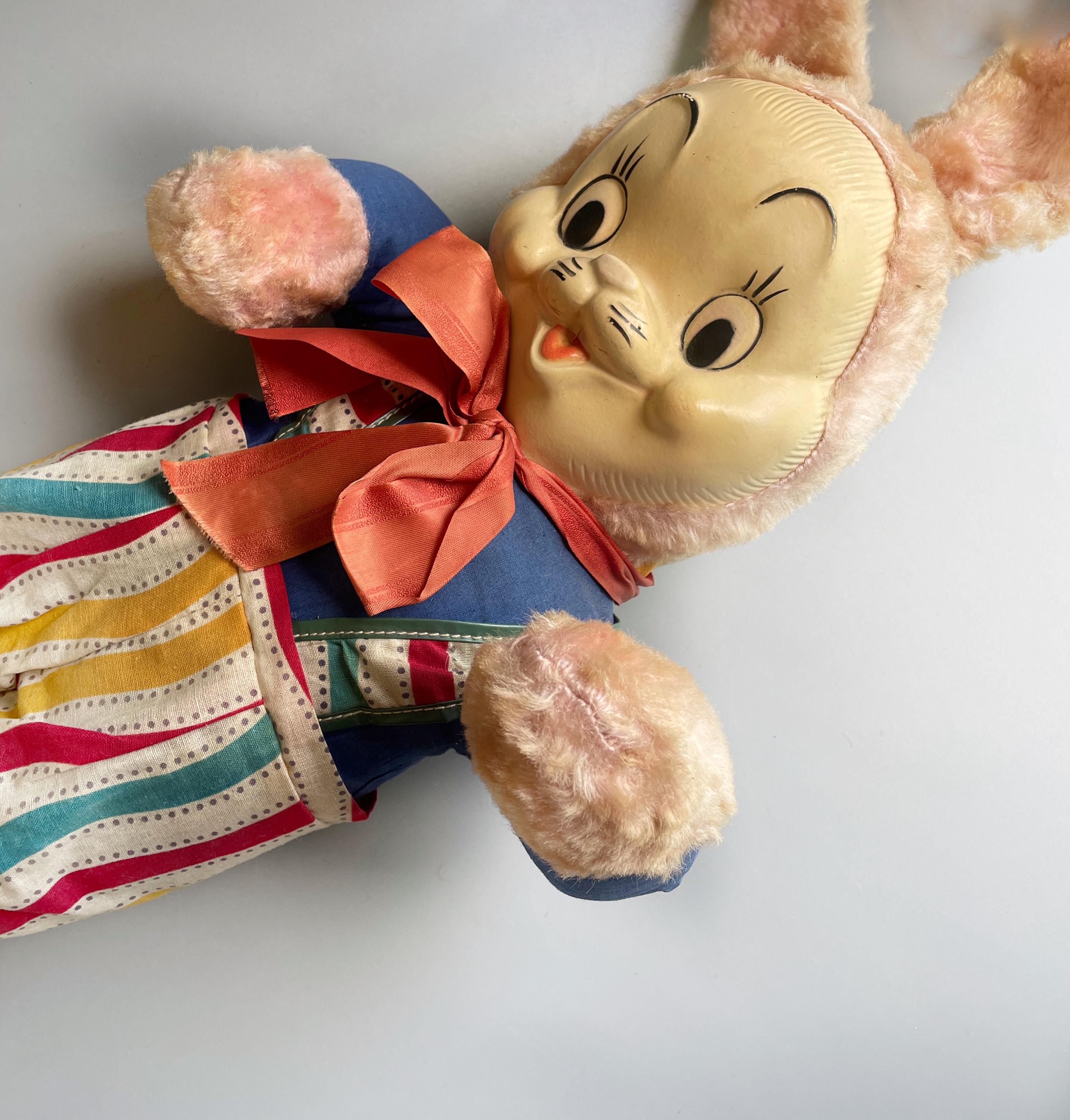 Rubber Faced Plush Rabbit, 1950's Vintage Easter Bunny Rubber Face