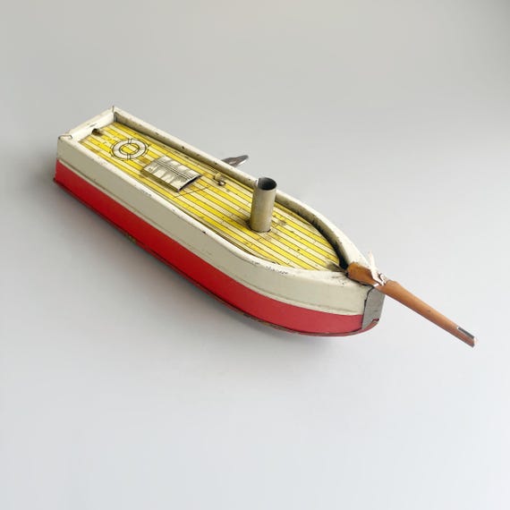 Vintage Tin Plate Clockwork Boat, Wind up Tin Boat, German Made