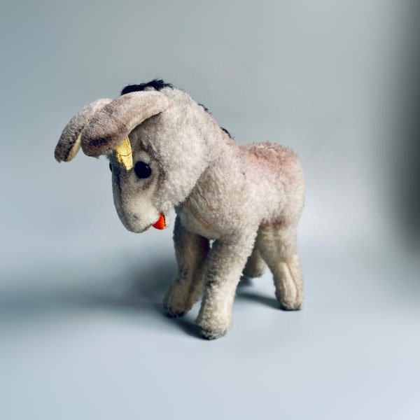 Vintage Steiff Donkey, Grey Grissy Esel Donkey, Steiff Plush Animal Vintage With Steiff Button, Retro Toy