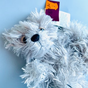May include: A gray, fluffy teddy bear with a black nose and brown eyes. The bear is wearing a tag that says "Charlie Bears".