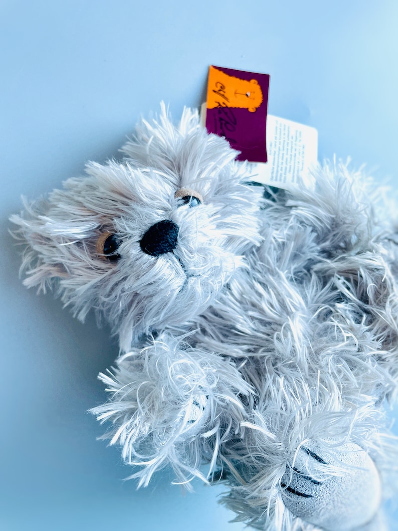May include: A gray, fluffy teddy bear with a black nose and brown eyes. The bear is wearing a tag that says "Charlie Bears".