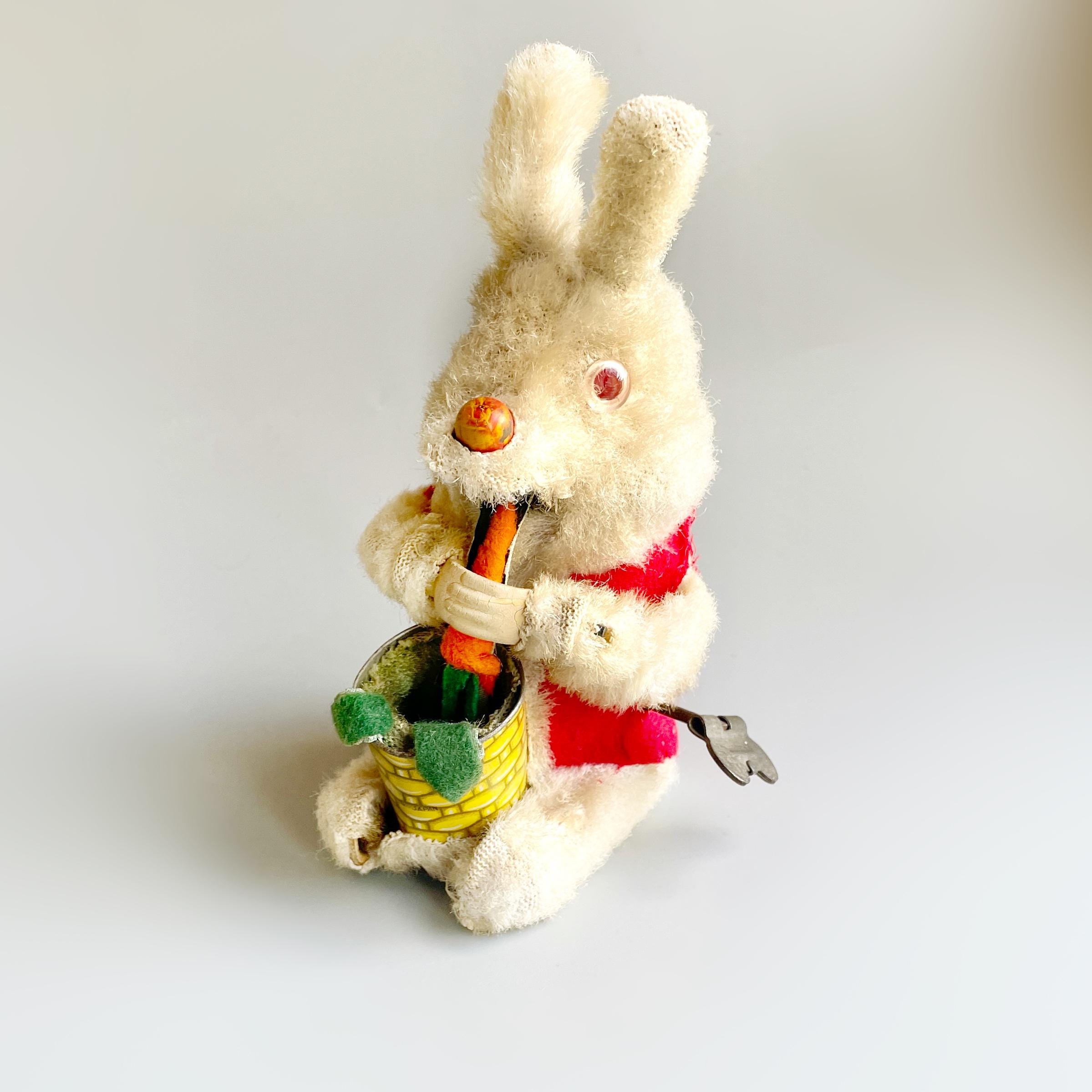 Wind up Rabbit Eating Carrot, Clockwork Albino Bunny, Vintage
