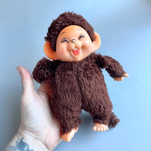 Vintage Monchhichi Type Plush, 7&quot; Plastic Faced Plush Monkey Mouse  70&#39;s Vintage Mon Chi Chi Laughing Smiling Rare