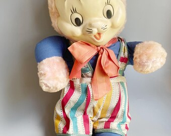 Rubber Faced Plush Rabbit, 1950's Vintage Easter Bunny Rubber Face