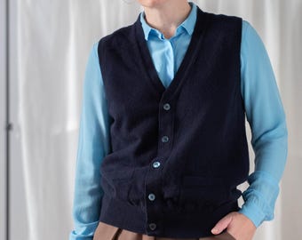 Scottish Vintage Lambswool Sweater Vest: Super Geelong Waistcoat, Navy Blue (Size S)