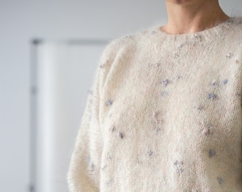Vintage Fuzzy Hand Knit Sweater in Off White with Blush Pink & Lilac Dots | Size S - M | Knitted Crew Neck Textured Jumper for Women NVS442