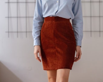 Vintage Real Suede Mini Skirt in Rust Brown for Women | Size XS | Minimal High Waist Pencil Miniskirt NVS1035