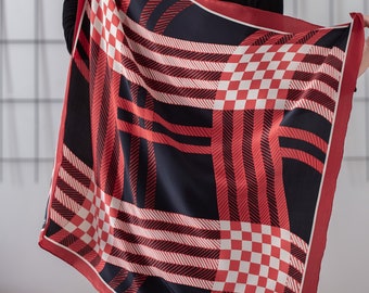 Vintage Printed 100% Silk Neck Scarf in Dark Red, Black & Off White for Women | Checkered Striped Colourful Foulard. Accessories NVS1142