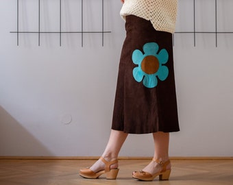 Vintage Real Suede Leather Skirt in Dark Brown with Aqua Blue Flower Patch | Size M | Boho Midi Floral Pattern Skirt for Women NVS1078