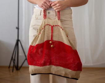 Vintage gehaakte nettas met trekkoord in echt rood en beige | Handgemaakte open geweven grote handtas/Boho markttas met kort handvat NVS692