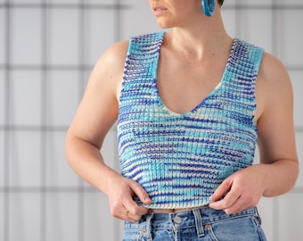 Vintage Hand Knit Crop Vest in Gradient Azure & Ice Blue for Women | Free Size | V Neck Waistcoat. Handmade Sleeveless Jumper NVS1110