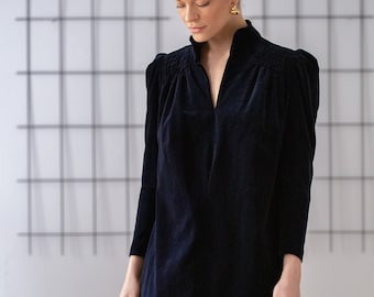 Vintage Velvet Midi Dress in Midnight Blue for Women | Size XS - S | Puff Sleeve Smocked Shoulder Long Sleeve Formal Dress NVS1004