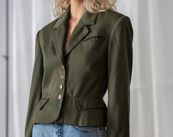 French Vintage Wool Peplum Blazer in Army Green for Women | Size S | Power Shoulder Single Breasted Jacket. Made in France NVS764