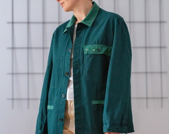 Vintage Chore Coat in Opal Green for Men | Size S | Button Down Collared Utility Workwear Jacket with Pocket. Gender Neutral Clothes NVS1032