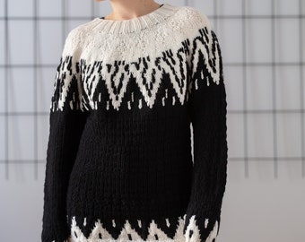 Vintage Wool Knit Fair Isle Sweater in Black & White for Women | Size L | Round Neck Chunky Handmade Soft Jumper NVS1087