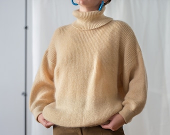 Vintage RODIER Ribbed Knit Kid Mohair Turtleneck Sweater in Mellow Yellow for Women | Free Size | Beige Oversized Knitted Cozy Jumper NVS425