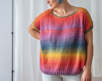 Vintage Hand Knit Colourful Top in Pink, Purple & Yellow for Women | Free Size | Short Sleeve Gradient Multicolour Knitted Jumper NVS589
