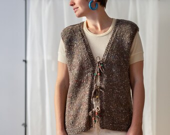 Hand Knit Marled Wool Sweater Vest in Taupe Brown for Women | Size L | Tie Front Handmade Knitted Speckled Waistcoat with Bead Detail NVS536