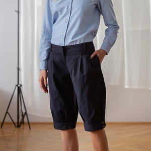 Vintage Low Rise Long Shorts in Navy Blue for Women | Size S | Wool Cotton Masculine Pinstripe Short Pleated Trousers with Pockets NVS849