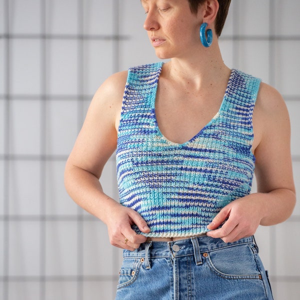 Vintage Hand Knit Crop Vest in Gradient Azure & Ice Blue for Women | Free Size | V Neck Waistcoat. Handmade Sleeveless Jumper NVS1110