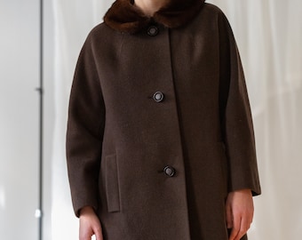 Vintage Fur Collar Wool Coat in Dark Brown for Women | Size M | 1960s Swedish Knee Length Midi Winter Overcoat with Genuine Fur