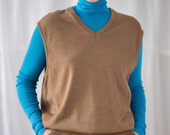 Vintage Pure Wool Sweater Vest: Sand Brown Fine Knit, Gender Neutral