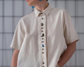 Vintage Button Down Shirt in Light Beige with Cute Embroidery for Women | Size M | Teddy Bear, Pine Tree, Flower Pattern Blouse Top NVS1074