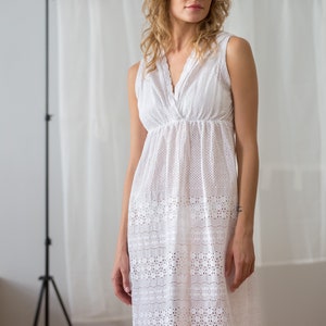 Vintage Eyelet Dress in White for Women | Size XS | Sleeveless Sheer Sundress. Broderie Anglaise Nightdress. V Neck Midi Dress NVS392