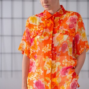 Vintage 100% Silk Chiffon Floral Blouse in Bright Orange