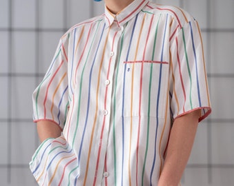 Vintage Striped Cotton Shirt in White for Women | Size L - XL | Multicolour Stripe Button Down Collared Short Sleeve Blouse Top NVS1076
