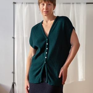 Vintage Lambswool Angora Sweater Vest in Forest Green for Women | Free Size | Loose Fit Fine Knit Buttoned V Neck Grandad Waistcoat NVS533
