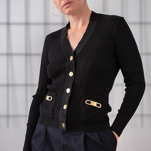 Vintage Pure Wool Cardigan in Black with Gold Tone Hardware Detail | Size S | V Neck Buttoned Sweater Jumper with Pockets for Women NVS1198