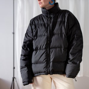 Vintage Black Down Puffer Jacket: Reversible Quilted Winter Coat (L-XL)