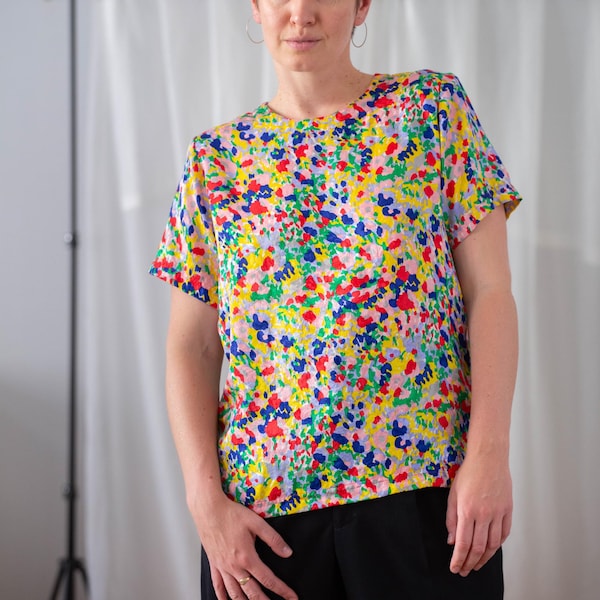 Blusa vintage 100% seda jacquard estampada, estampado acuarela multicolor, talla M