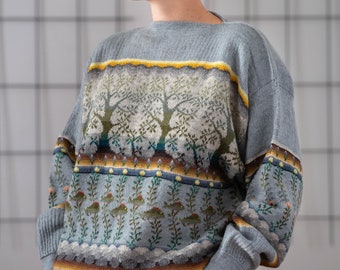 Finnish Vintage Wool Knit Novelty Sweater in Light Blue for