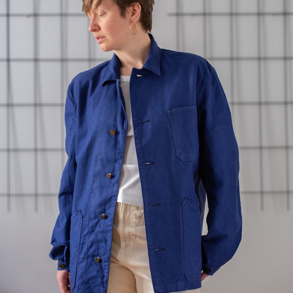 Vintage Chore Coat in Indigo Blue for Men | Size L - XL | Button Down Collared Utility Workwear Jacket. Gender Neutral Clothes NVS1068