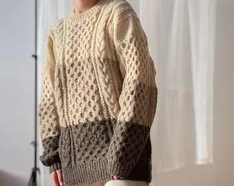 Vintage Wool Knit Fisherman&#39;s Sweater with Natural White & Brown Stripes | Size XL | Oversized Chunky Knit Cream Brown Aran Jumper NVS517
