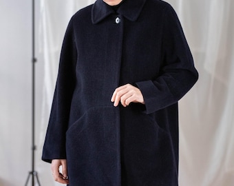 Vintage Soft Virgin Wool Coat in Navy Blue for Women | Size M - L | Minimal Collared Button Down Midi Overcoat with Pockets NVS1397