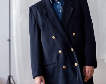 Vintage Wool Cashmere Blazer: Navy Nautical Jacket With Gold