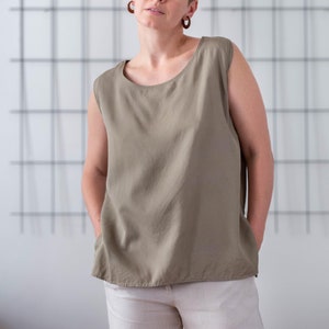Vintage 100% Silk Top in Khaki Green for Women | Size L - XL | Minimal Sleeveless Round Neck Simple Solid Colour Blouse. Tank Top NVS1264