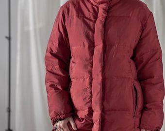 Vintage Burgundy Down Puffer Jacket: Oversized Quilted Winter Coat, Size M