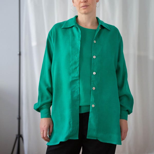 Conjunto de blusa de seda vintage: top a juego, verde jade (tallas S-M)