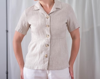French Vintage 100% Linen Top, Light Blue - Size XS-S, Flared